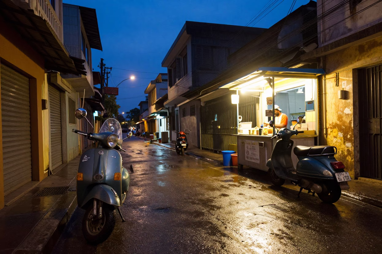 Blue Hour Street Scene in Chennai India with Vintage Scooter and Tea Stall in in Chennai, India