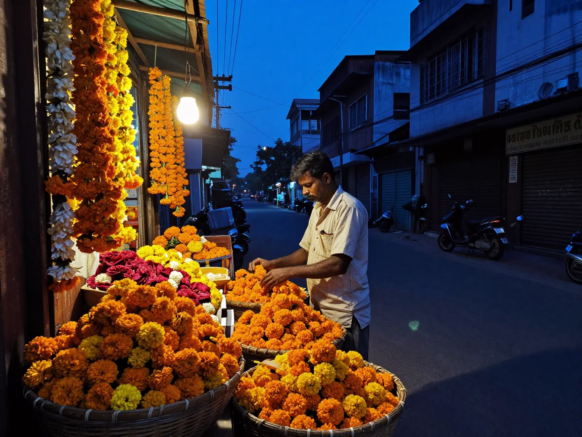 Blue Hour Street Scene in Chennai With Shopkeeper and Flowering Plants in in Chennai, India