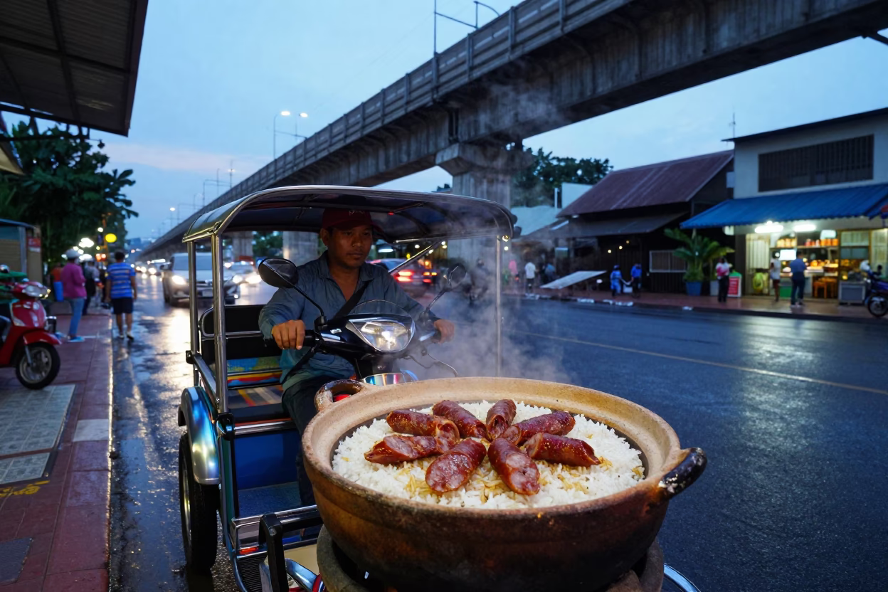 Blue Hour Street Scene in Chiang Mai Thailand with Claypot Rice and Urban Viaduct in in Chiang Mai, Thailand