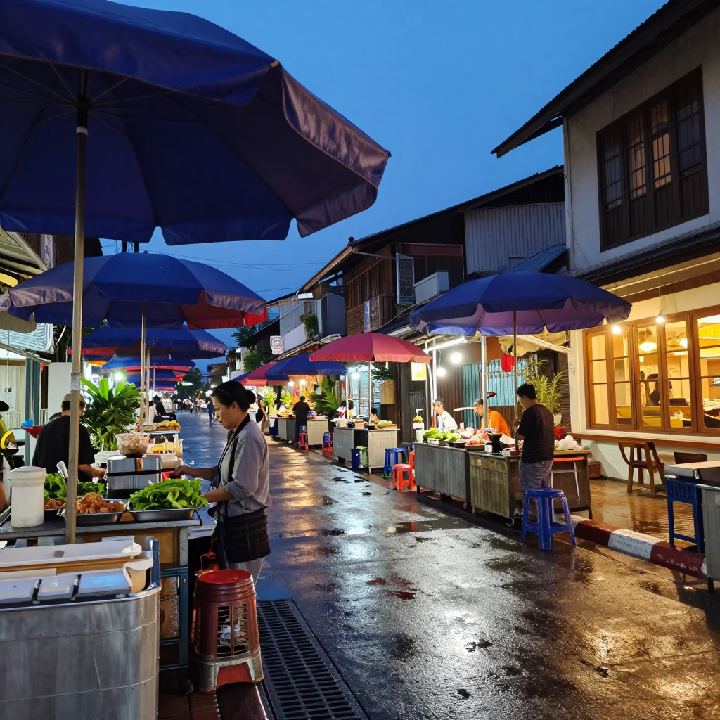 Blue Hour Street Scene in Chiang Mai Thailand with Food and Umbrellas in in Chiang Mai, Thailand