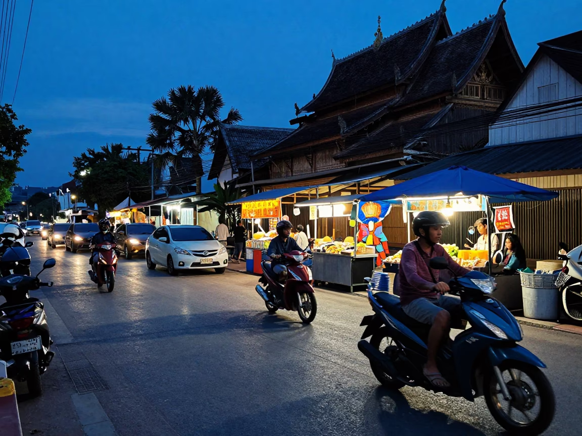 Blue Hour Street Scene in Chiang Mai Thailand with Scooter and Street Food Vendor in in Chiang Mai, Thailand