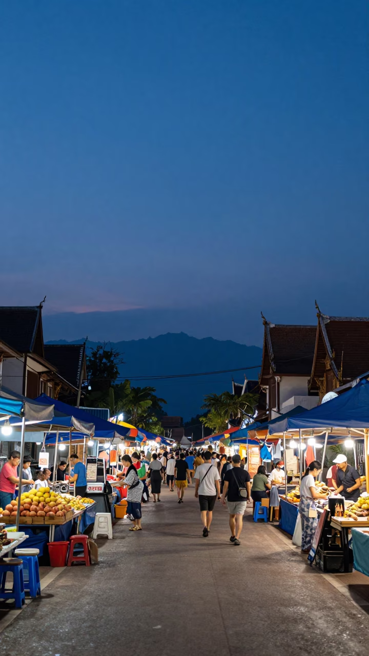 Blue Hour Street Scene in Chiang Mai Thailand with Traditional Market Activity in in Chiang Mai, Thailand