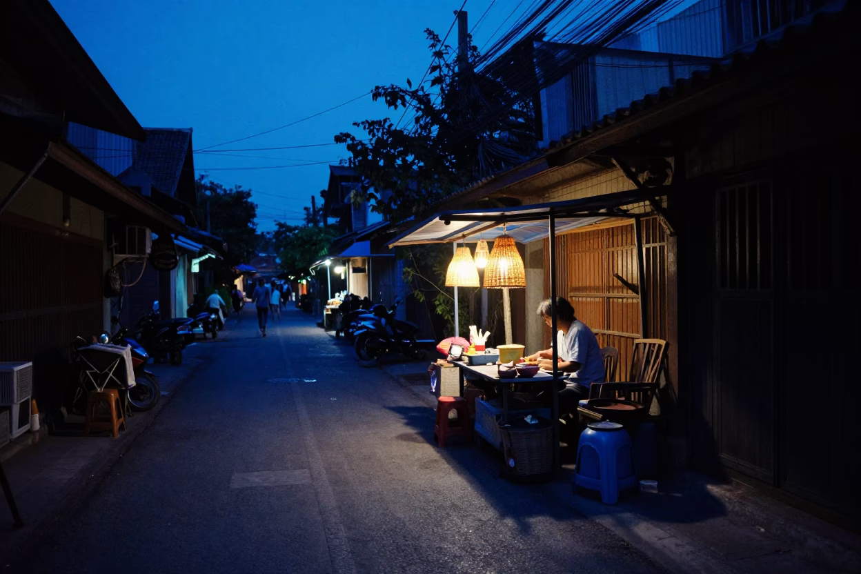 Blue Hour Street Scene in Chiang Mai Thailand with Woven Cane Light in in Chiang Mai, Thailand