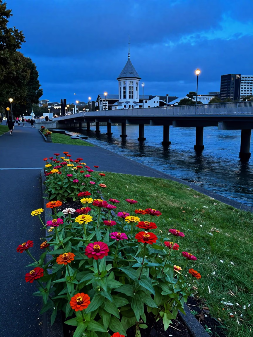Blue Hour Street Scene in Christchurch New Zealand with Bridge Pier and Zinnias in in Christchurch, New Zealand