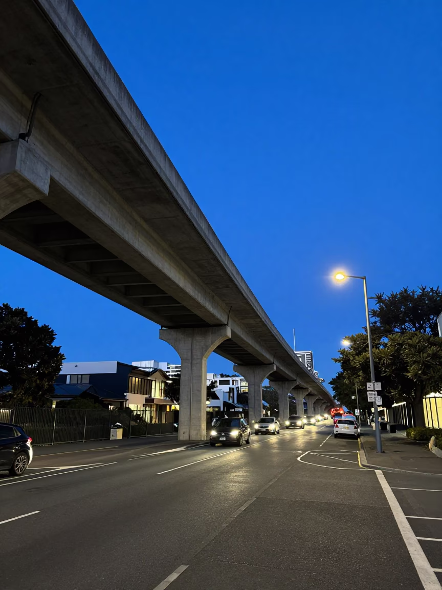 Blue Hour Street Scene in Christchurch New Zealand with Highway Flyover and Evening Traffic in in Christchurch, New Zealand