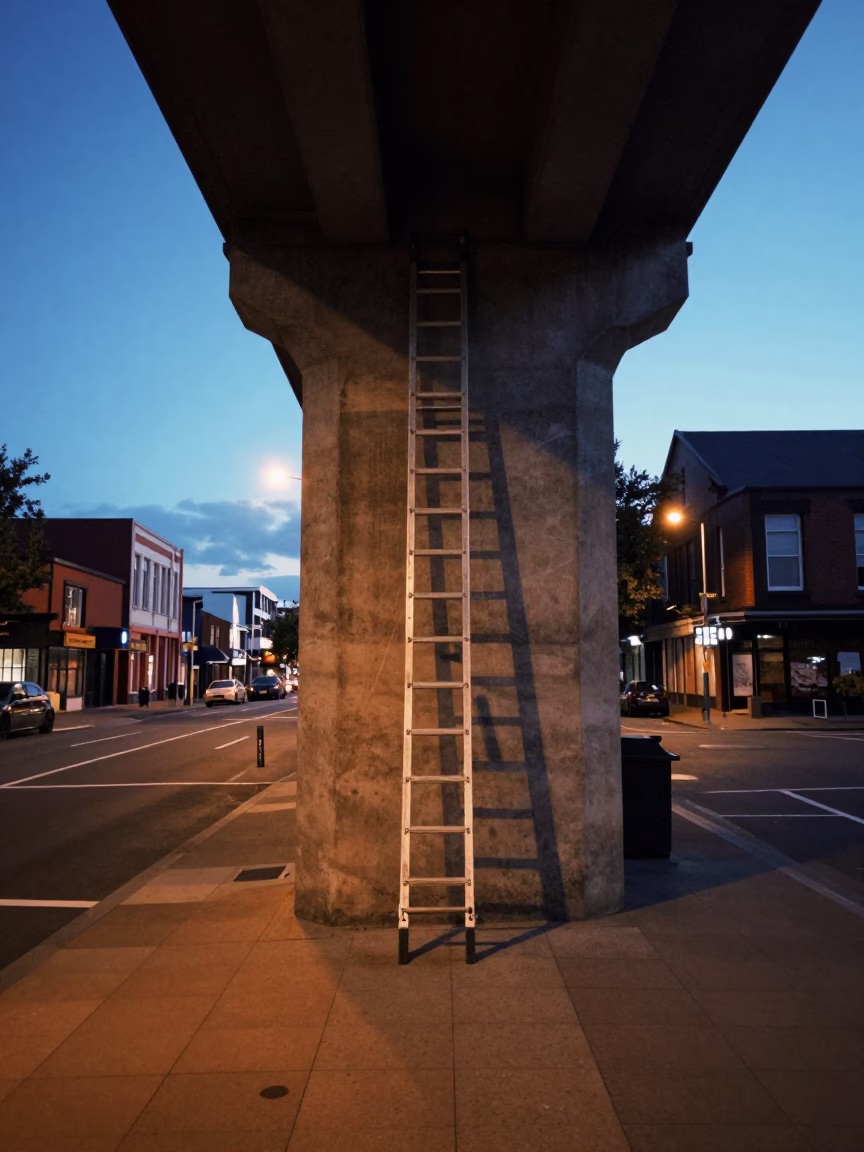 Blue Hour Street Scene in Christchurch New Zealand with Ladder and Concrete Infrastructure in in Christchurch, New Zealand