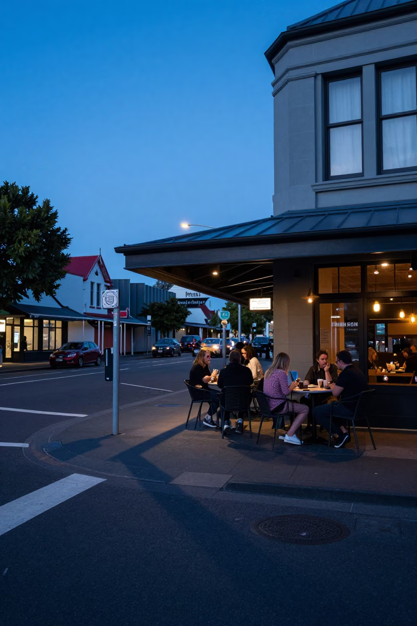 Blue Hour Street Scene in Christchurch New Zealand with Local Cafe Details in in Christchurch, New Zealand