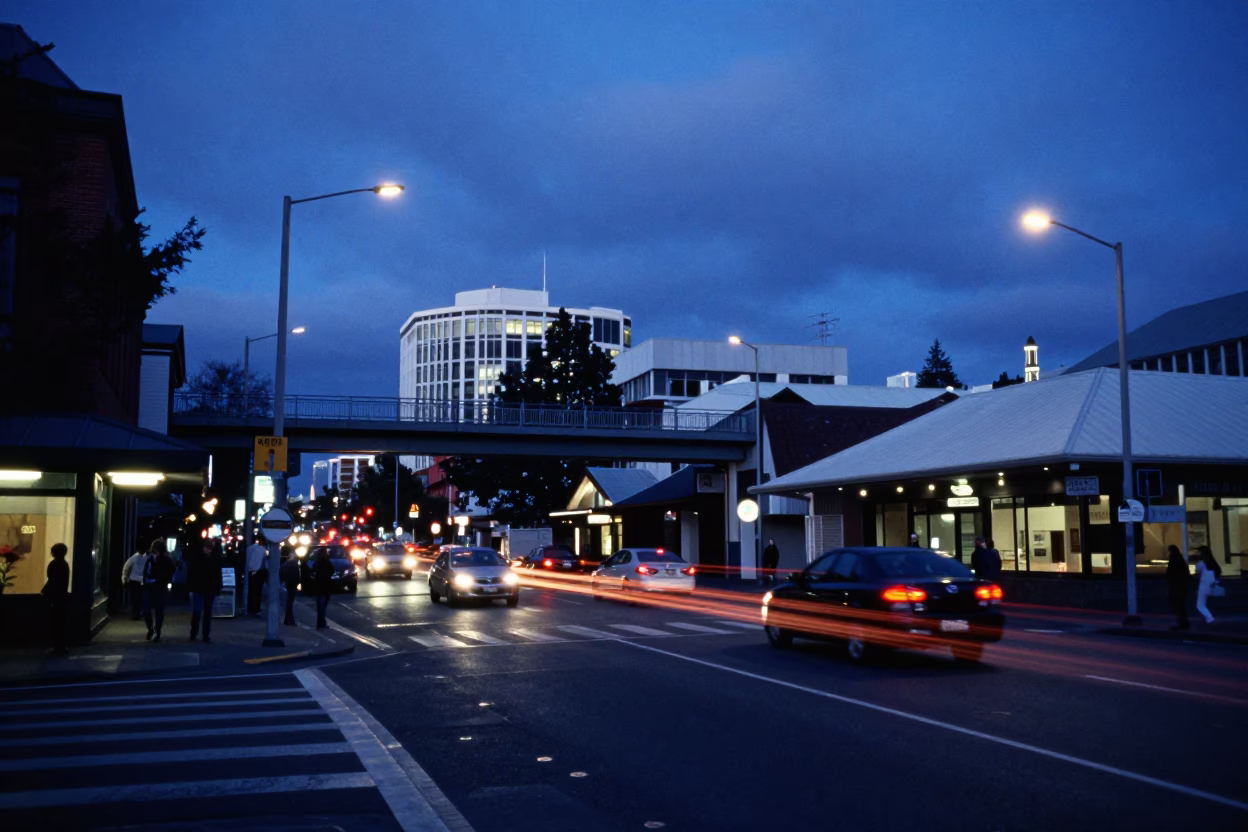 Blue Hour Street Scene in Christchurch New Zealand with Overpass Taillight Streaks in in Christchurch, New Zealand