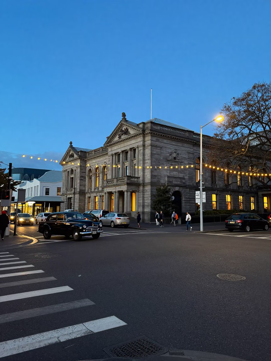 Blue Hour Street Scene in Christchurch New Zealand with Vintage Car and Diwali Lamps in in Christchurch, New Zealand