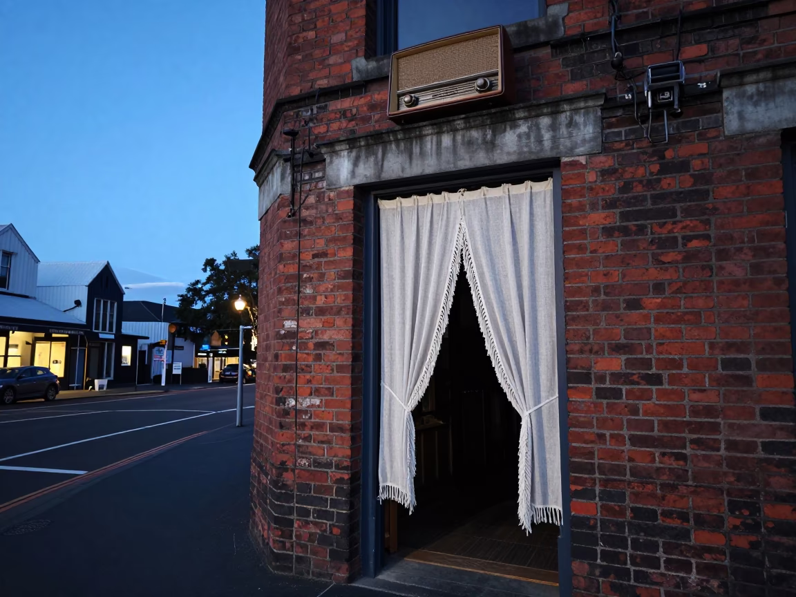Blue Hour Street Scene in Christchurch New Zealand with Vintage Radio and Linen Fringe in in Christchurch, New Zealand