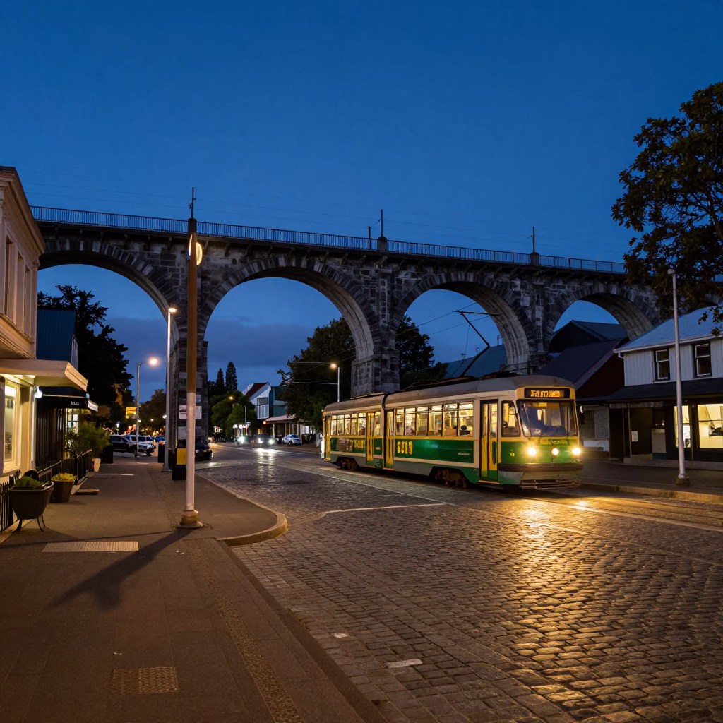 Blue Hour Street Scene in Christchurch New Zealand with Vintage Railway Viaduct and Tram in in Christchurch, New Zealand
