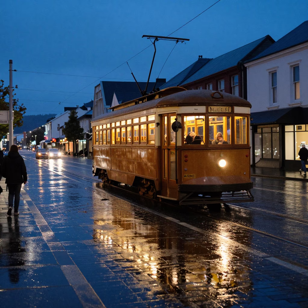 Blue Hour Street Scene in Christchurch New Zealand with Vintage Tram and Rain Reflections in in Christchurch, New Zealand