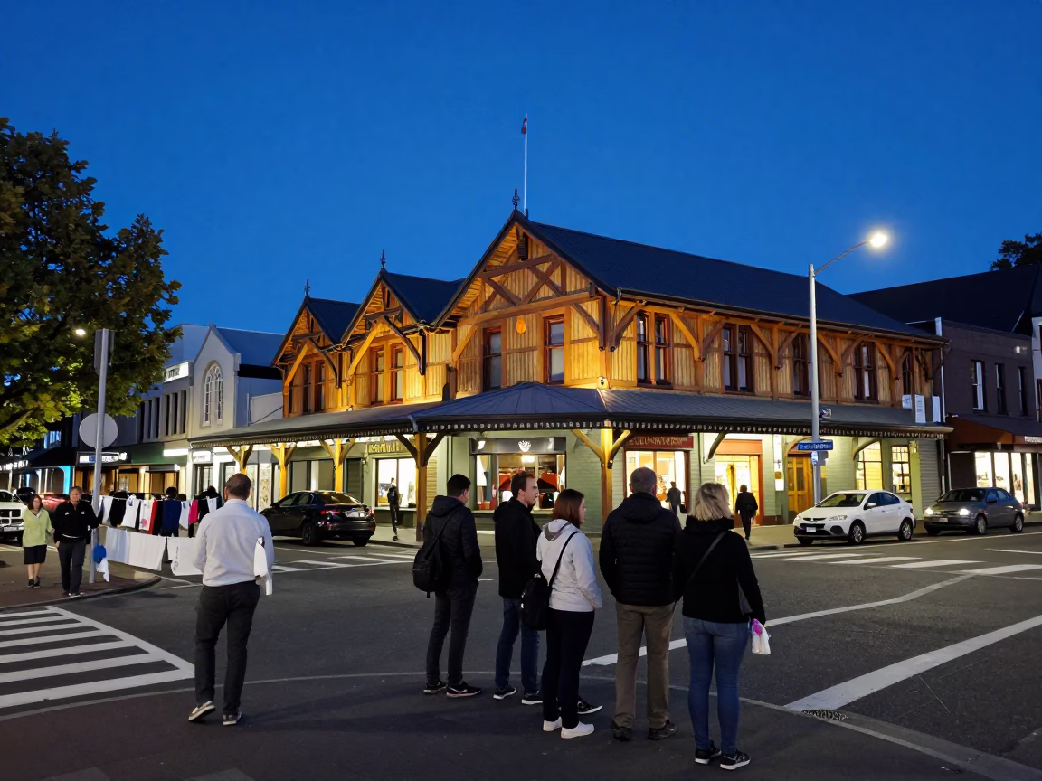 Blue hour street scene in Christchurch with pedestrians and laundry in in Christchurch, New Zealand