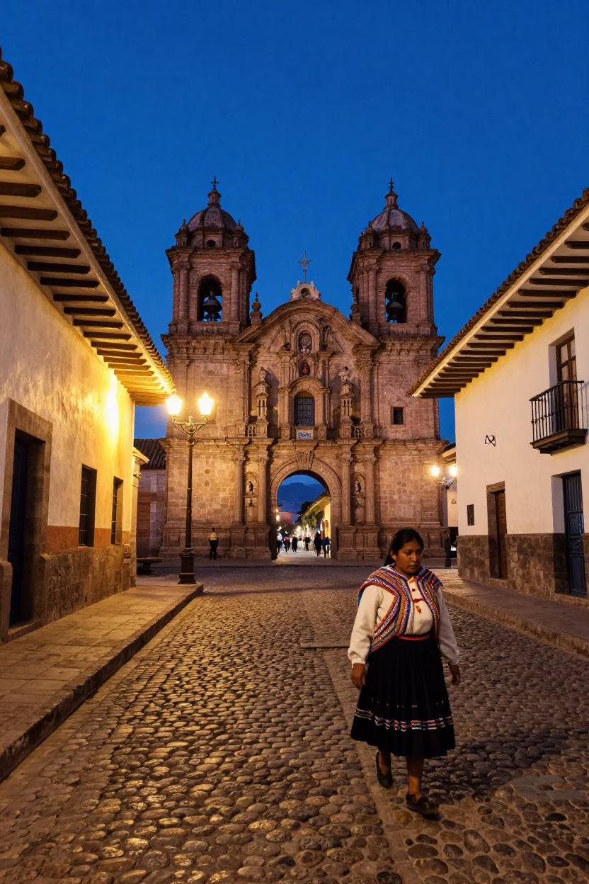 Blue Hour Street Scene in Cusco Peru Colonial Architecture and Evening Light in in Cusco, Peru