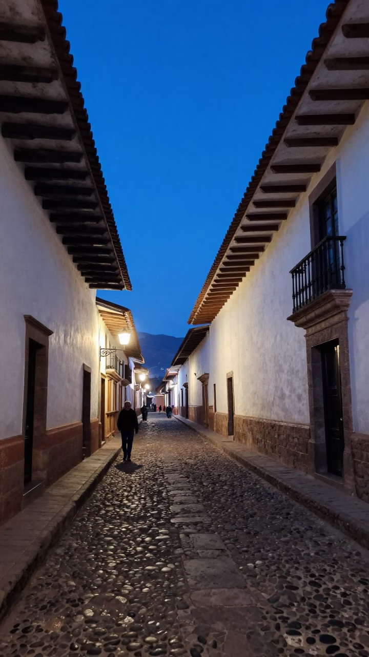 Blue Hour Street Scene in Cusco Peru Colonial Architecture Evening Light in in Cusco, Peru