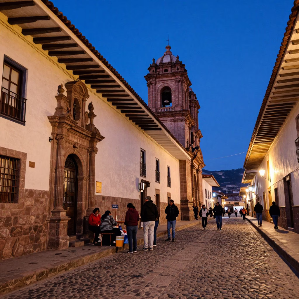 Blue Hour Street Scene in Cusco Peru with Colonial Architecture and Local Life in in Cusco, Peru