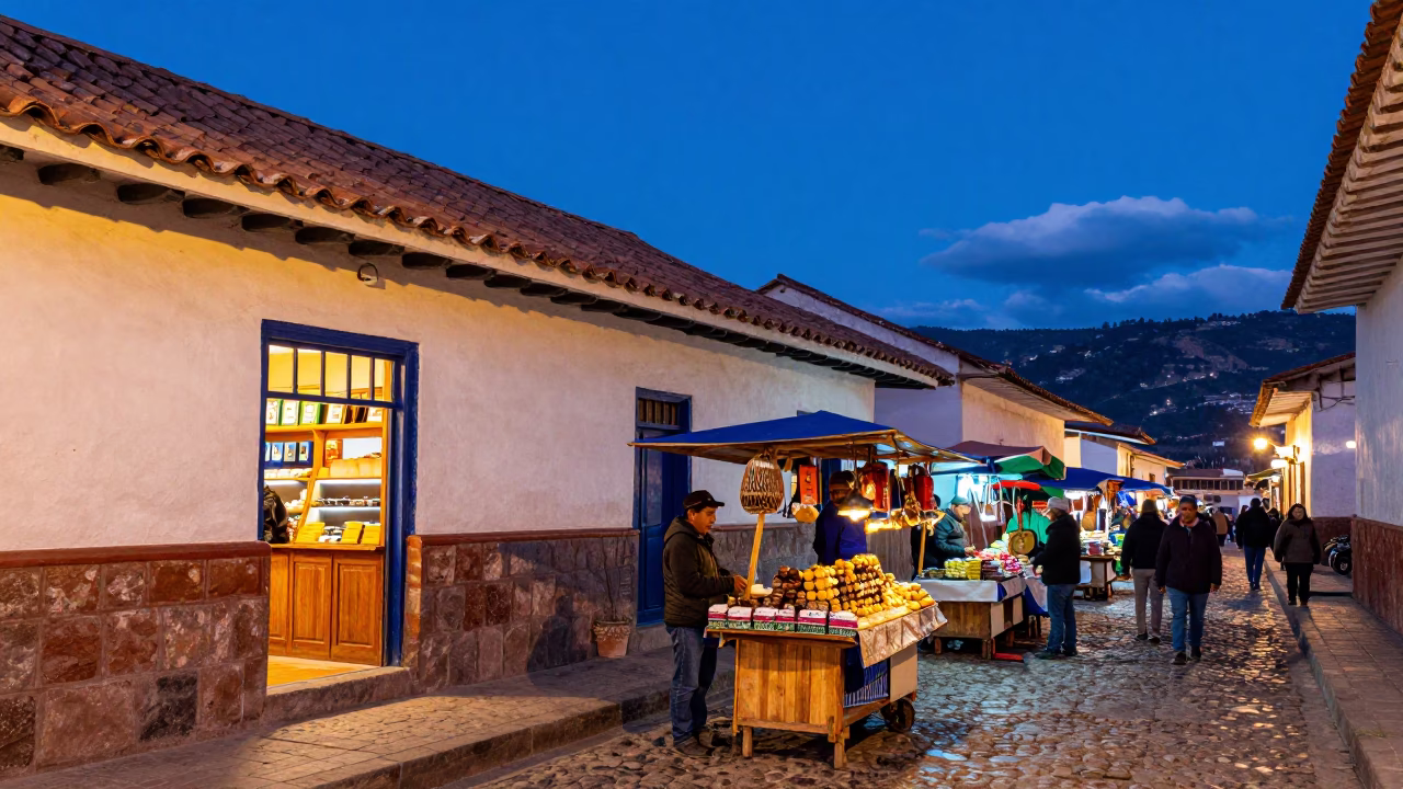 Blue Hour Street Scene in Cusco Peru with Colorful Local Market Activity in in Cusco, Peru