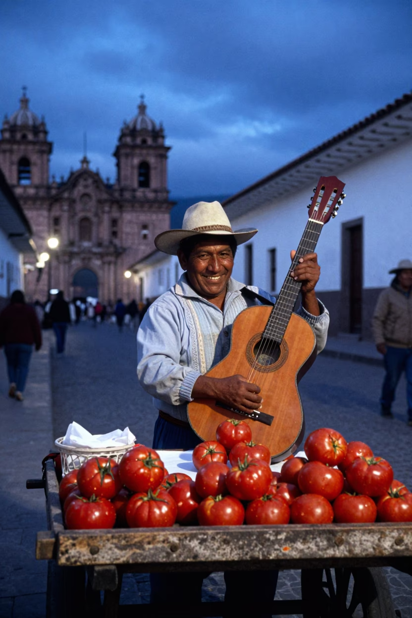 Blue Hour Street Scene in Cusco Peru with Local Vendor and Traditional Guitar in in Cusco, Peru