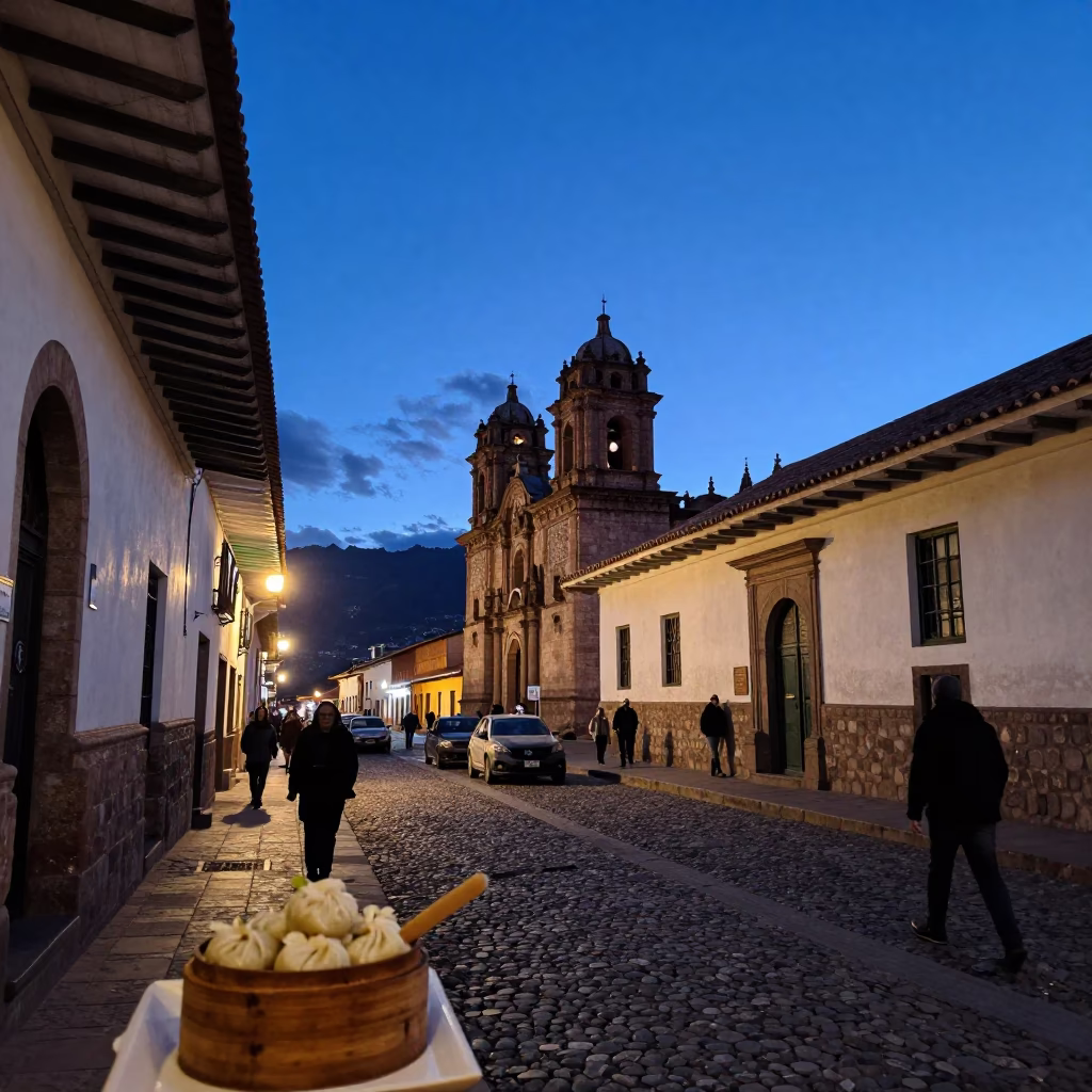 Blue Hour Street Scene in Cusco Peru with Momos and Local Architecture in in Cusco, Peru