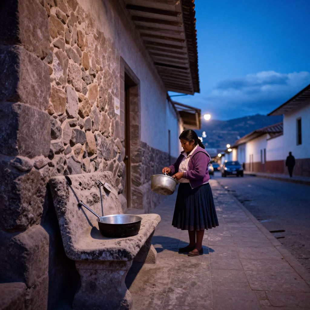 Blue Hour Street Scene in Cusco Peru with Saucepan and Dusty Bench in in Cusco, Peru