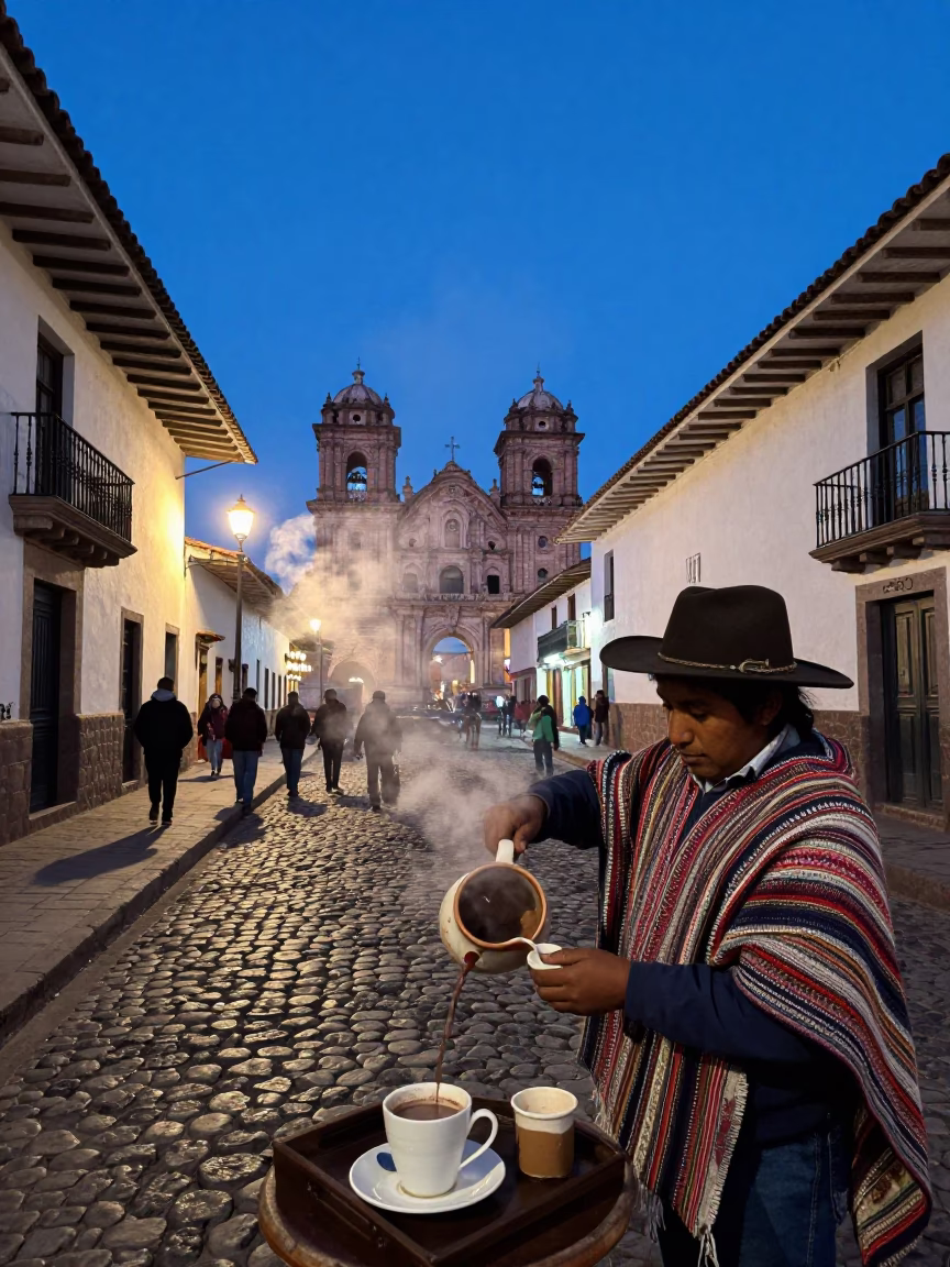 Blue Hour Street Scene in Cusco Peru with Steam and Local Activity in in Cusco, Peru