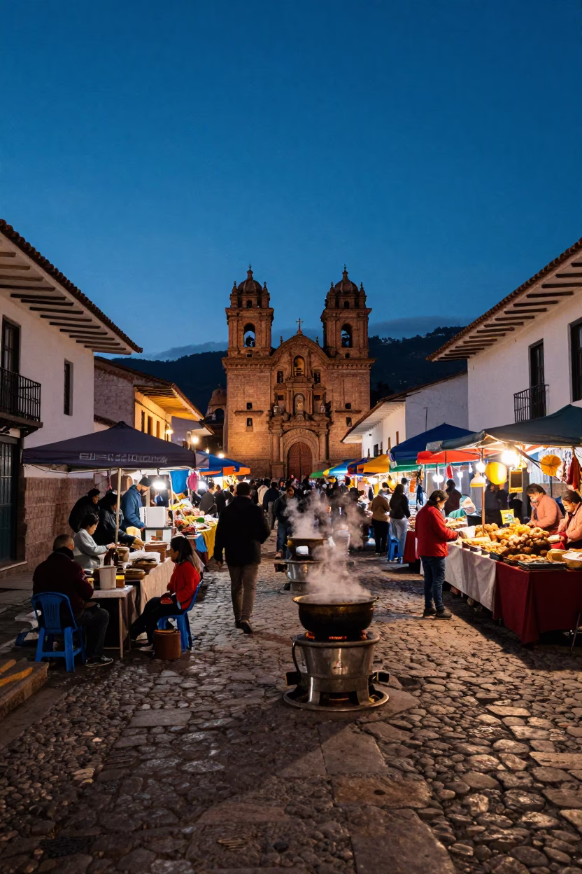 Blue Hour Street Scene in Cusco Peru with Steaming Hotpot and Local Market Activity in in Cusco, Peru