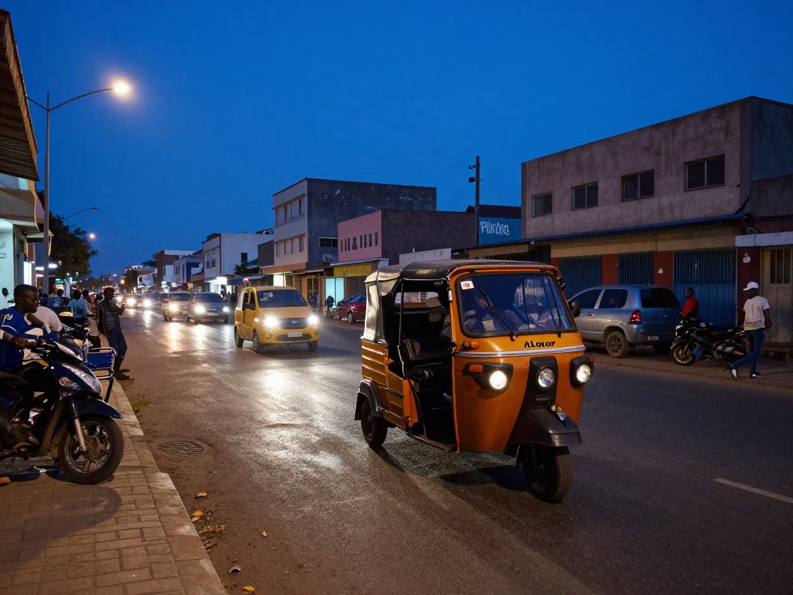 Blue Hour Street Scene in Dakar Senegal with Auto-Rickshaw and Local Life in in Dakar, Senegal