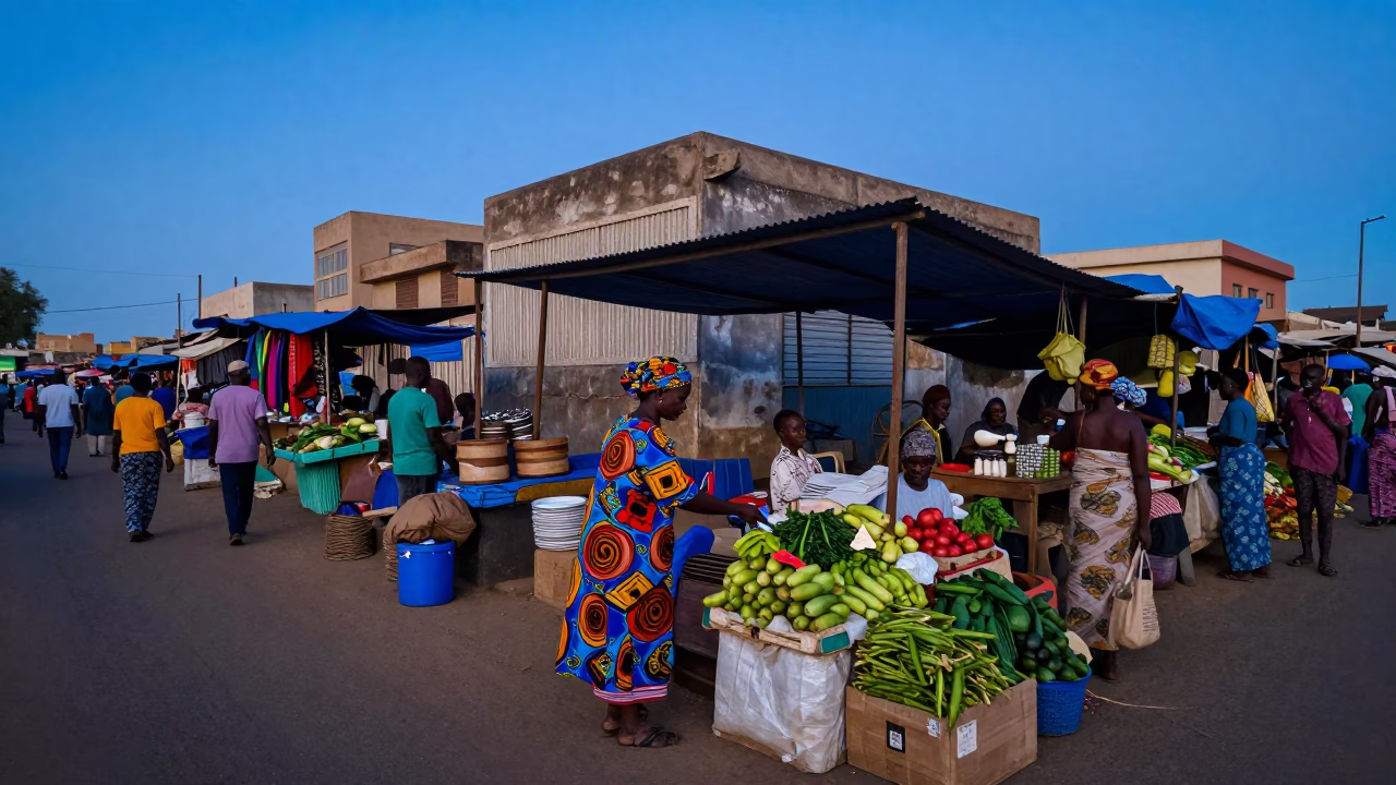 Blue Hour Street Scene in Dakar Senegal with Local Market Activity in in Dakar, Senegal