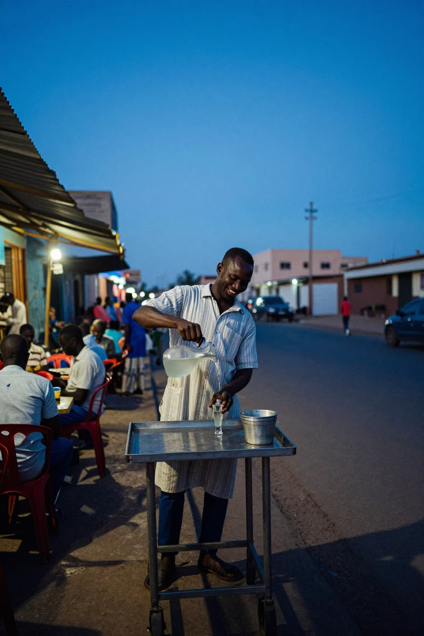Blue Hour Street Scene in Dakar Senegal with Merchant and Carafe in in Dakar, Senegal