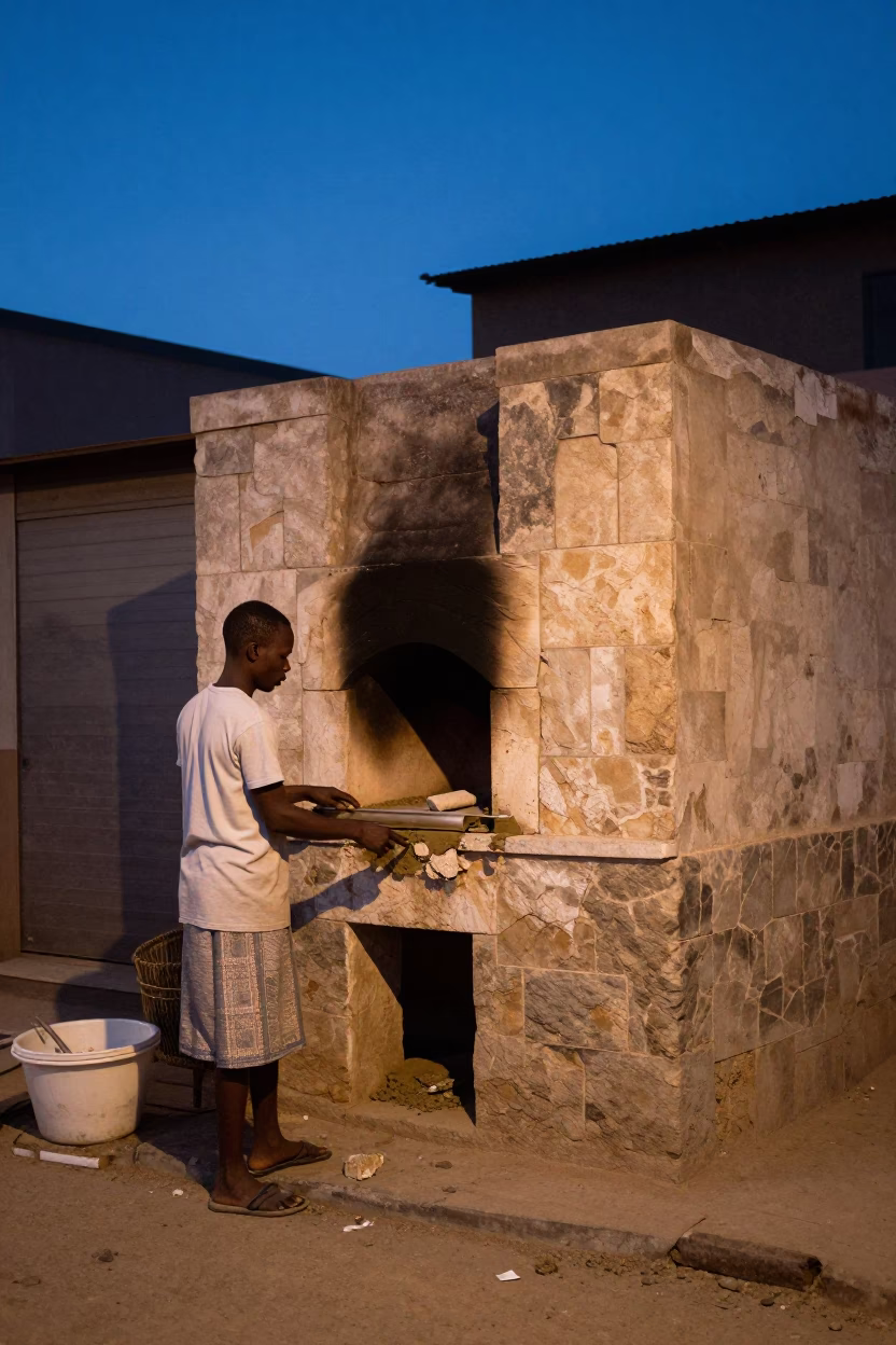 Blue Hour Street Scene in Dakar Senegal with Vendor and Traditional Oven in in Dakar, Senegal