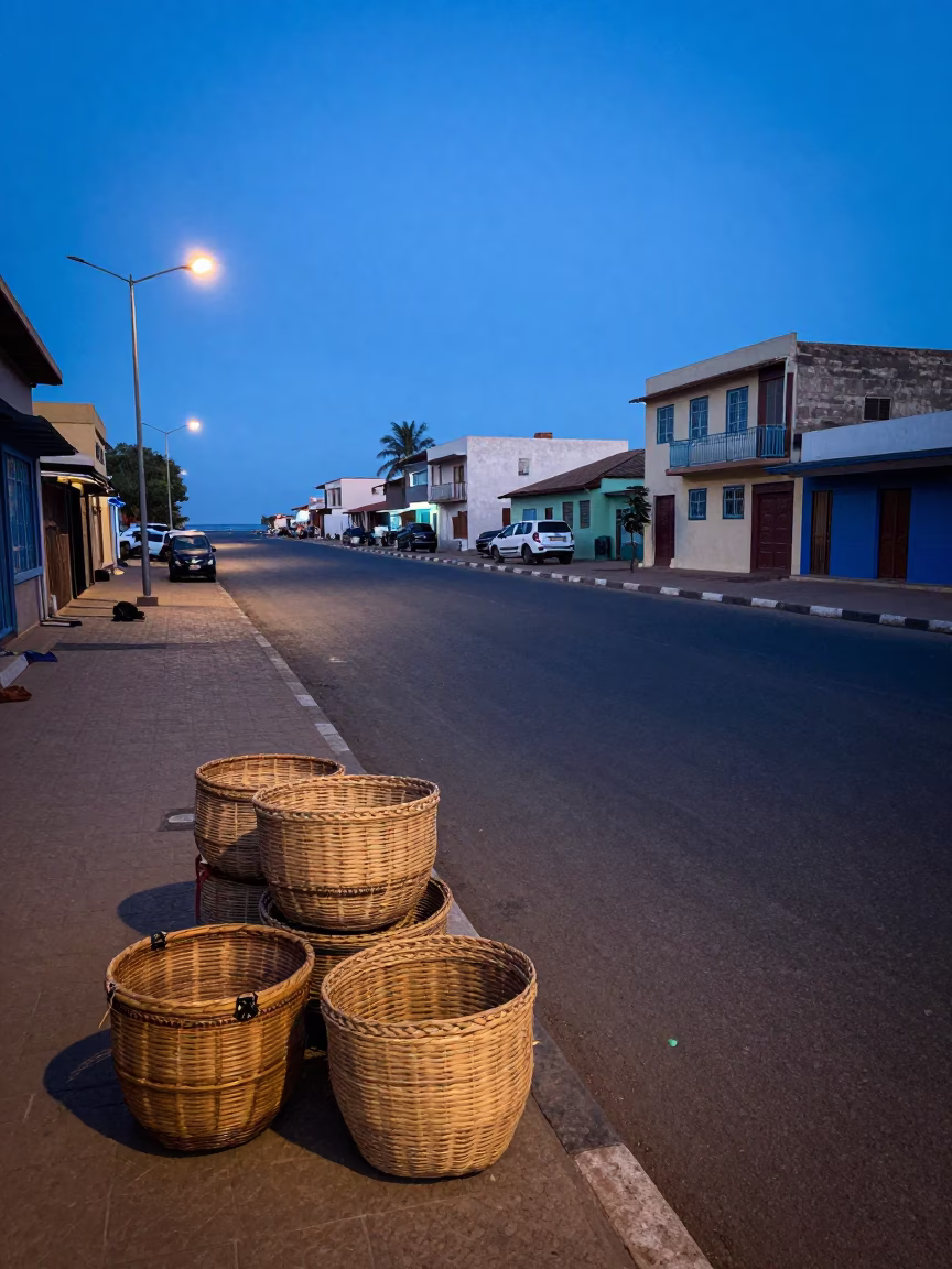 Blue Hour Street Scene in Dakar Senegal with Woven Baskets and Coastal Light in in Dakar, Senegal