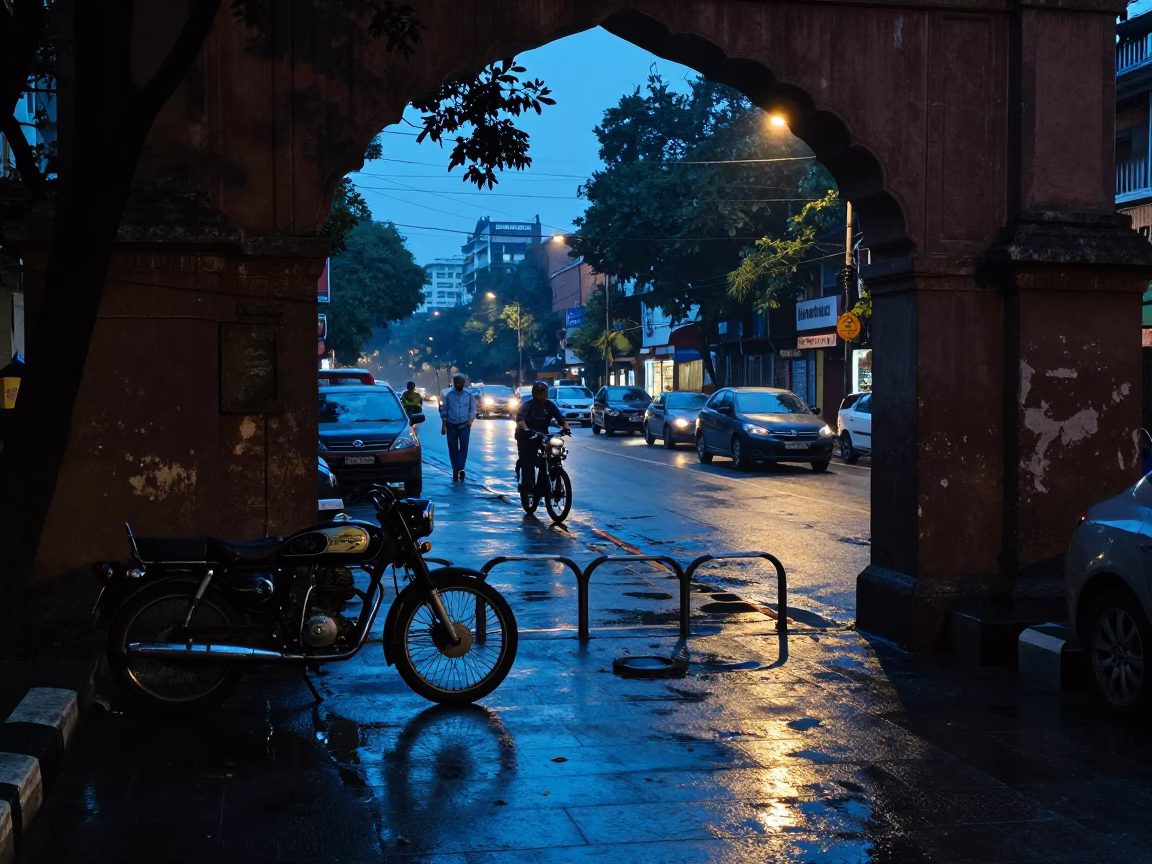 Blue Hour Street Scene in Delhi India with Vintage Motorcycle and Sidecar in in Delhi, India