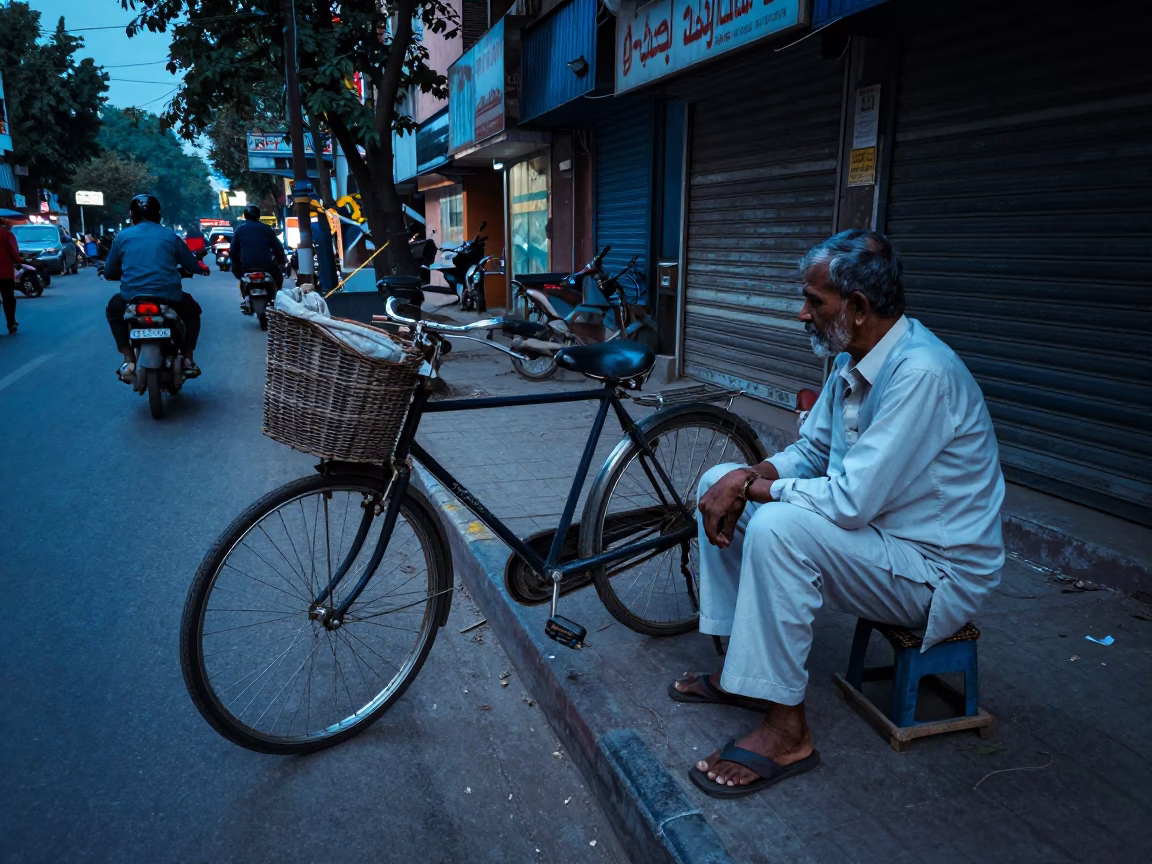 Blue Hour Street Scene in Delhi With Bicycle and Mending Basket in in Delhi, India