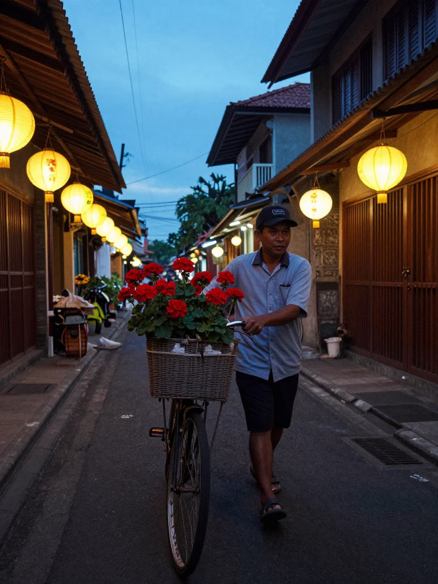 Blue Hour Street Scene in Denpasar Indonesia with Bicycle Basket and Diwali Lamps in in Denpasar, Indonesia