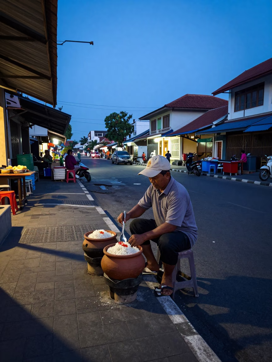 Blue Hour Street Scene in Denpasar Indonesia with Clay Pot Rice and Latch Detail in in Denpasar, Indonesia