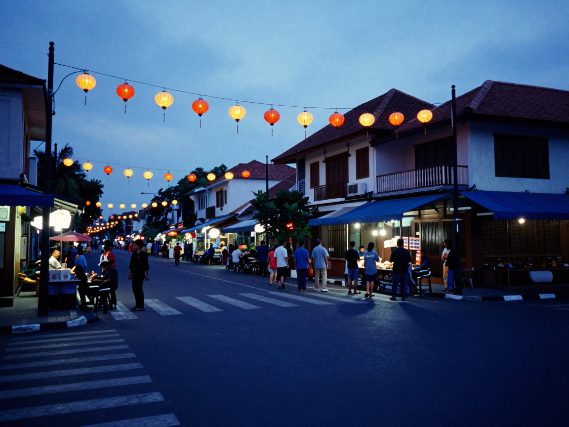Blue Hour Street Scene in Denpasar Indonesia with Lanterns Rising in in Denpasar, Indonesia