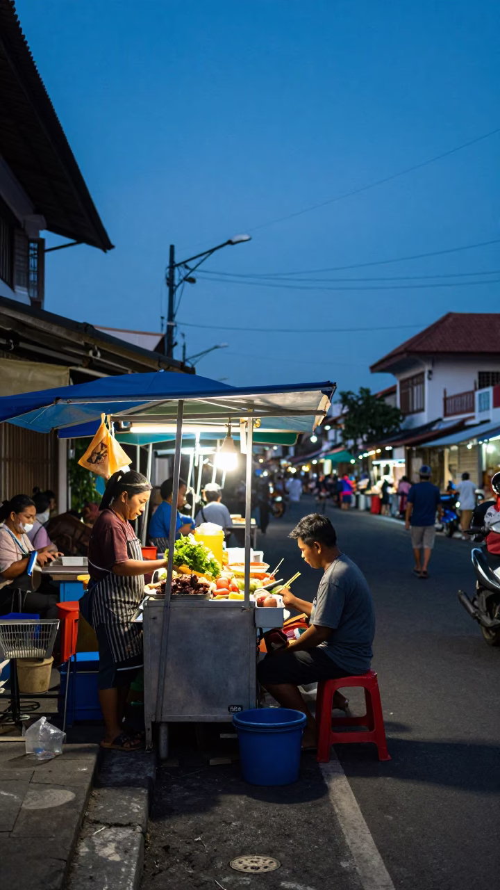 Blue Hour Street Scene in Denpasar Indonesia with Local Life in in Denpasar, Indonesia