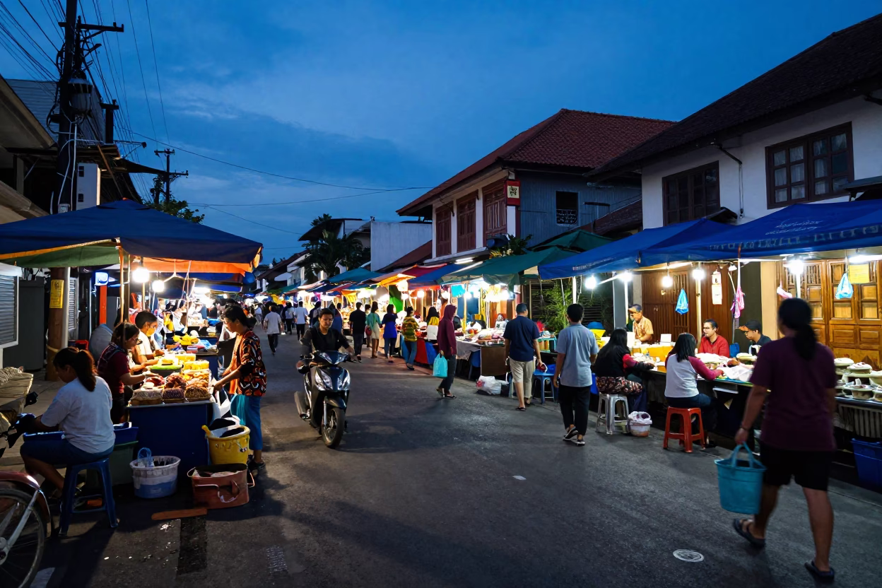 Blue Hour Street Scene in Denpasar Indonesia with Local Market Activity in in Denpasar, Indonesia