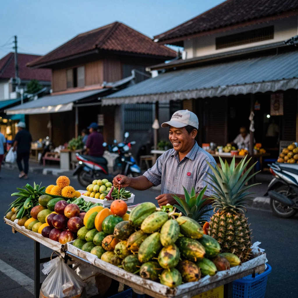 Blue Hour Street Scene in Denpasar Indonesia with Local Vendor and Traditional Elements in in Denpasar, Indonesia