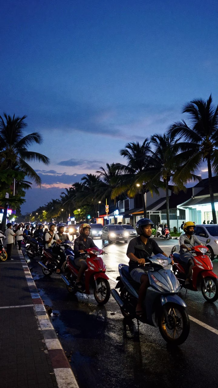 Blue Hour Street Scene in Denpasar Indonesia with Motorcycles and Wet Pavement in in Denpasar, Indonesia