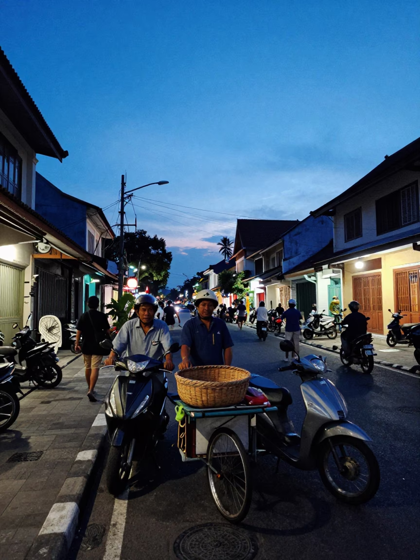 Blue Hour Street Scene in Denpasar Indonesia with Scooter and Traditional Architecture in in Denpasar, Indonesia