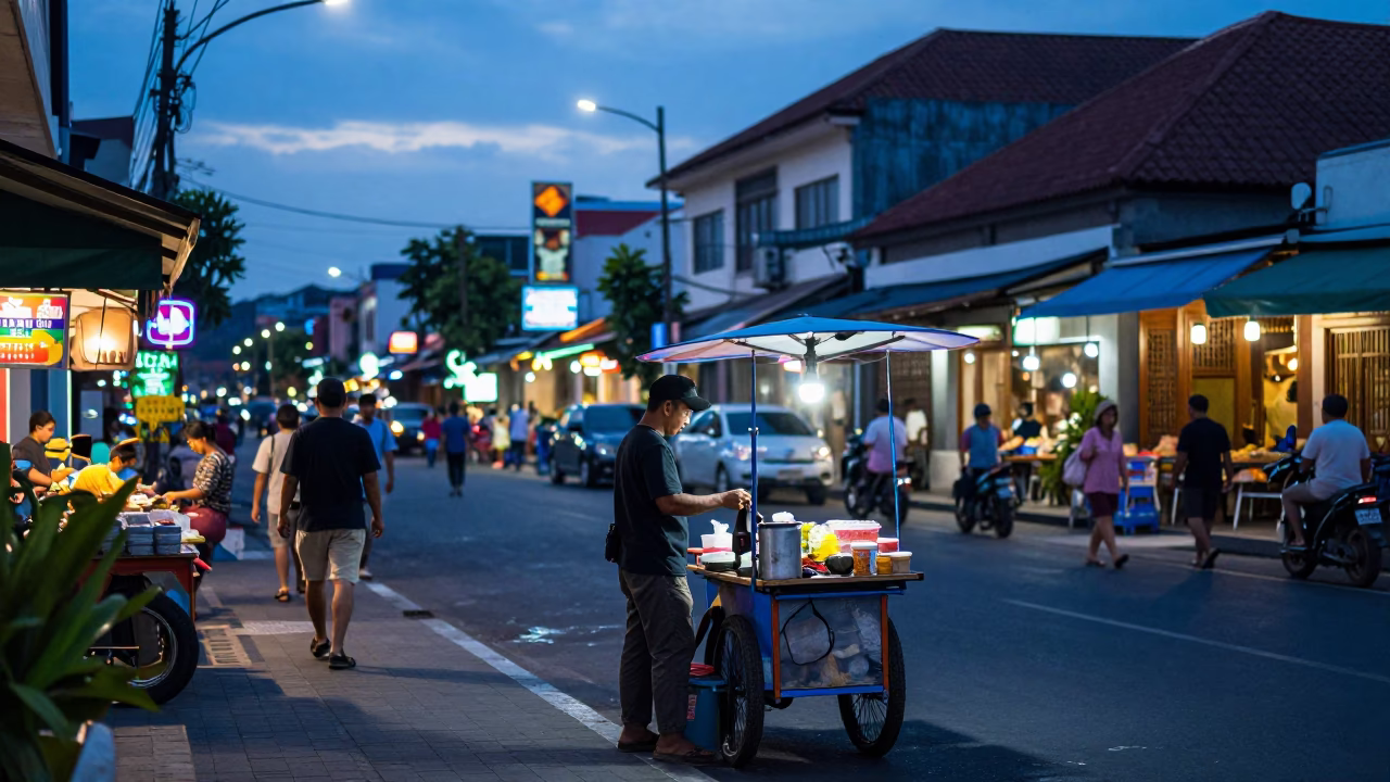 Blue Hour Street Scene in Denpasar Indonesia with Vendor and Passersby in in Denpasar, Indonesia