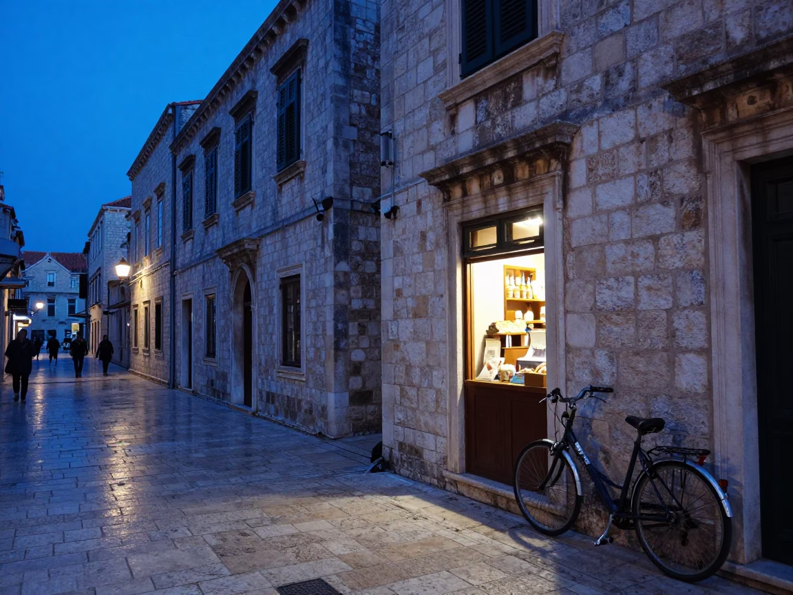 Blue Hour Street Scene in Dubrovnik Croatia with Bicycle and Bakery in in Dubrovnik, Croatia