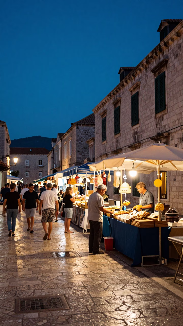 Blue Hour Street Scene in Dubrovnik Croatia with Local Vendor and Evening Market Activity in in Dubrovnik, Croatia
