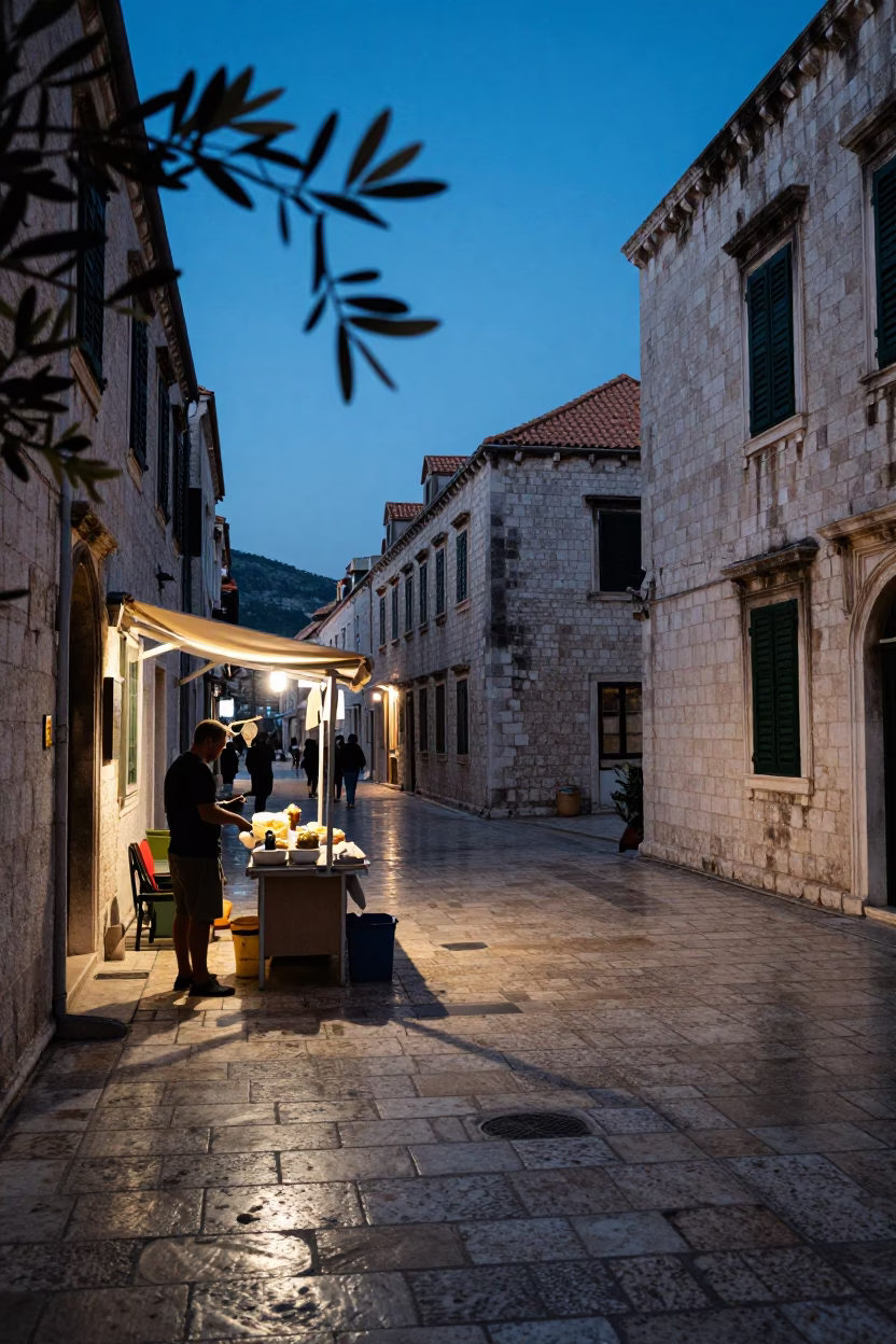 Blue Hour Street Scene in Dubrovnik Croatia with Olive Branch and Spatula in in Dubrovnik, Croatia