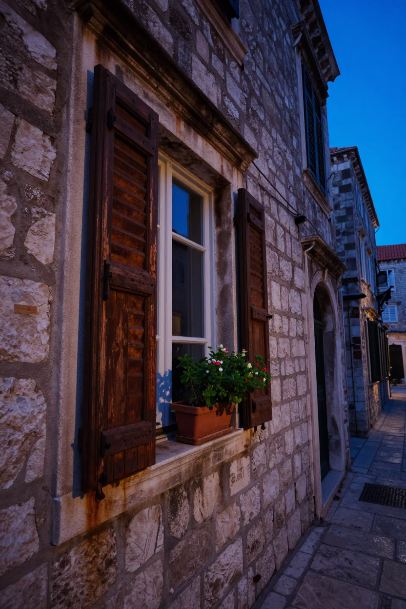 Blue Hour Street Scene in Dubrovnik Croatia with Rusty Window Sill and Flowerpot in in Dubrovnik, Croatia