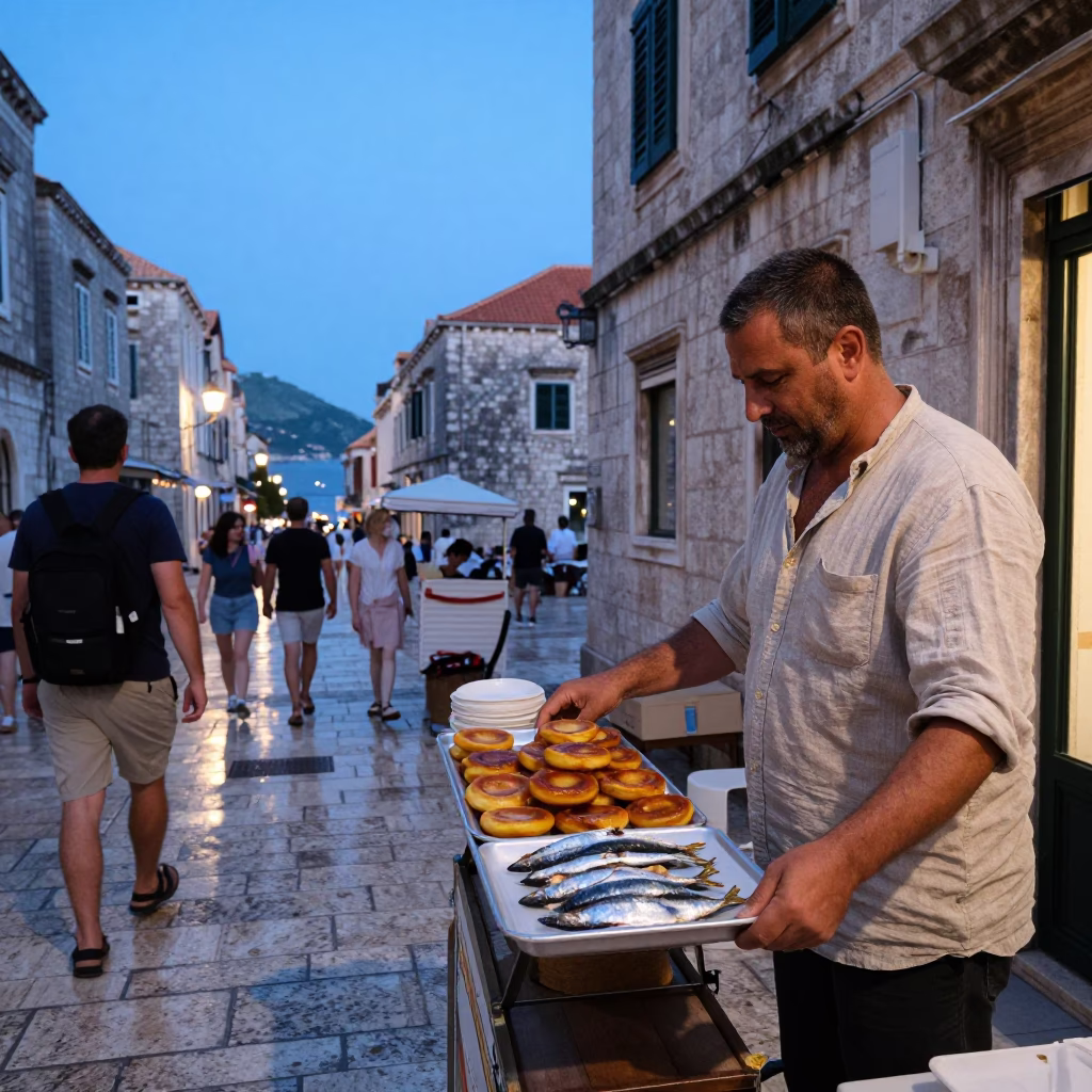 Blue Hour Street Scene in Dubrovnik Croatia with Tray of Loukoumades and Sardines in in Dubrovnik, Croatia