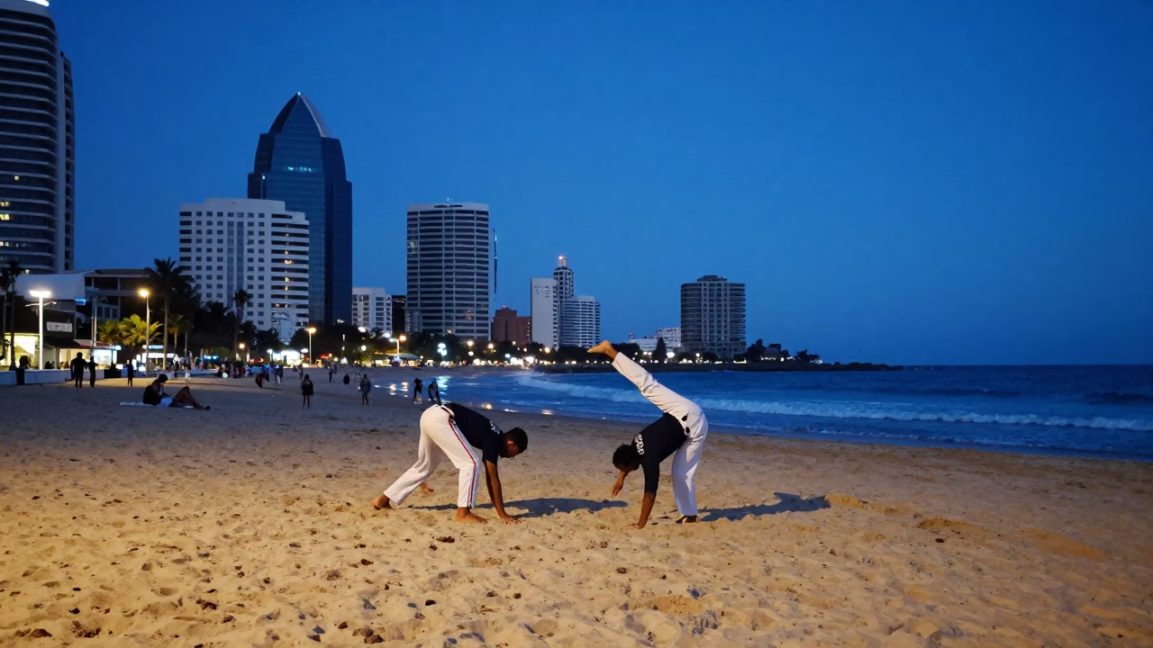 Blue Hour Street Scene in Durban South Africa with Capoeira Circle on Beach in in Durban, South Africa