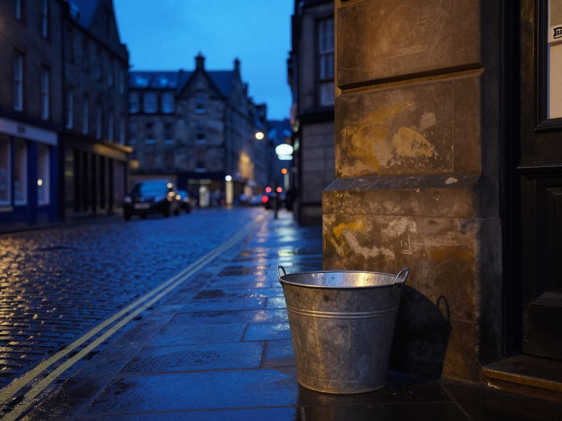 Blue Hour Street Scene in Edinburgh UK with Metal Bucket and Smudged Rail in in Edinburgh, United Kingdom