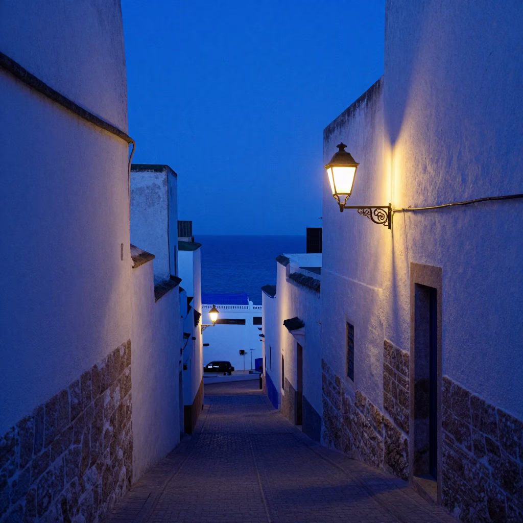 Blue Hour Street Scene in Essaouira Morocco Lantern Light and Coastal Architecture in in Essaouira, Morocco